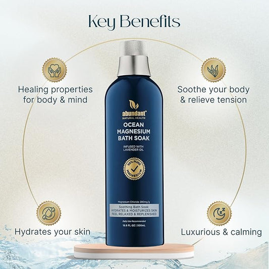 Abundant Natural Health Ocean Magnesium Bath Soak Infused with Lavender Oil to Hydrate, Soothe and Moisturize Skin, Relax and Replenish Muscles, Highly Concentrated Pure Magnesium Salts, 500mL