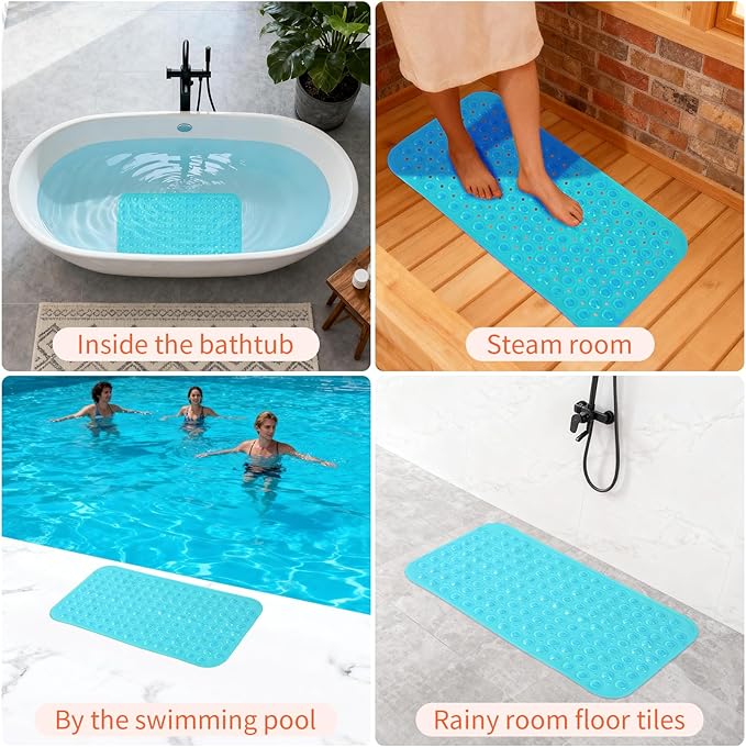 Anti-Slip Bathtub Shower mat, 27.5×14.5(Approximately 70×37cm) inch Soft Oversized Machine Washable Non-Slip Bathtub mat with Drainage Holes, Bathroom Floor Suction Cup.(1-Clear Green)