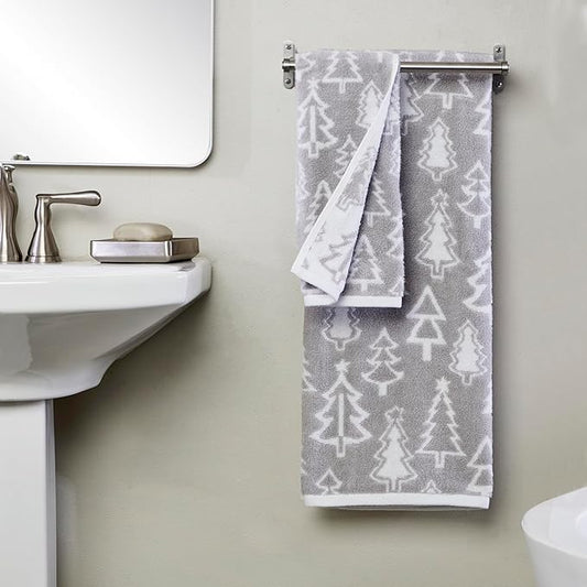 SKL Home Christmas/Winter Mod Tree 100% Cotton Premium Bath Towel, 500 GSM, Soft & Absorbent, Reversible Jacquard, Decorative, Gray
