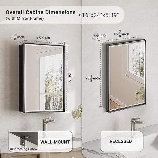 16x24 Pre-Assembled Black Medicine Cabinet with Mirror, Surface or Recessed Medicine Cabinet Mirror for Bathroom, Aluminum Beveled Frame Bathroom Vanity Mirror with Adjustable Shelves Storage