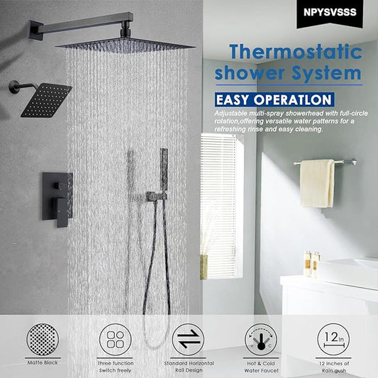 12" Shower Faucet Set Rain Shower System with 6" Wall Mounted Head Full Body Luxury Rain Shower System Rainfall Shower Head with Handheld Combo,3 Way Pressure Balance Valve Kit,Matte Black