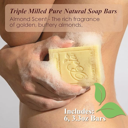 BELA Almond Soap 3.3 oz Pack of 6, French Triple Milled with Organic Shea Butter, Hand Face and Body Wash Bar Made in Australia
