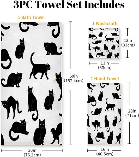 Black Cats 3 Piece Towel Bathroom Sets, 1 Bath Towel, 1 Washcloth, 1 Hand Towel, Cotton Fast Dry Soft Absorbent Towel Set for Home Kitchen Family