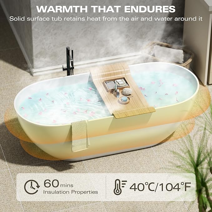 Abruzzo 69" Free Standing Solid Surface Resin Stone Bathtub, Contemporary Oval Soaking Tub with Overflow and Pop-up Drain, cUPC Certified,Matte White