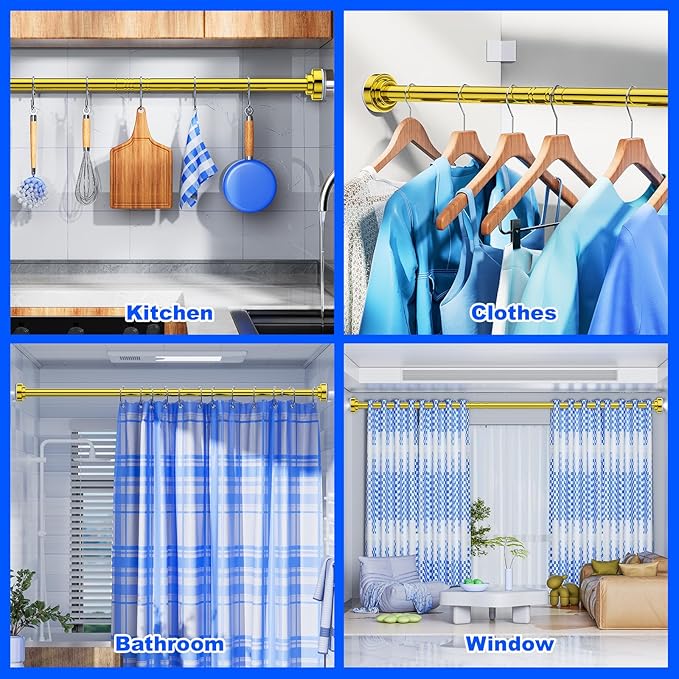 Ausemku Shower Curtain Rod - 32-92 Inch Rustproof Tension Rod, Non-Slip Spring Design, No Drilling Adjustable Curtain Rod for Bathroom, Kitchen, and Closet(Gold)