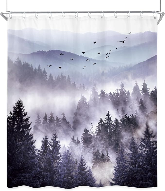 Riyidecor Purple Shower Curtain,Mountain Shower Curtains for Bathroom Nature Woodland Scenery Landscape Rustic Pine Tree View for Mens Natural Fabric Polyester Waterproof 12 Pack Hooks 60Wx72H Inch