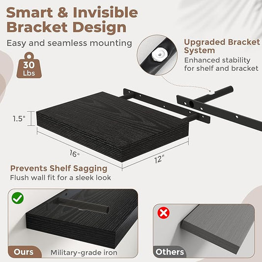 16 Inch Floating Shelves for Wall Set of 2, 12"D Wood Grain Bathroom Shelves with Invisible Brackets, Easy Install Engineered Wood Storage Shelves for Kitchen, Living Room, Bedroom, Black Finish