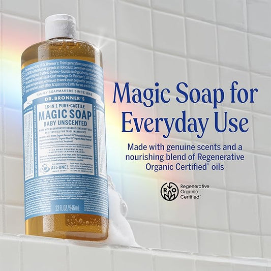 Dr. Bronner's Pure-Castile Magic Liquid Soap - Made with Regenerative Organic Certified Oils - 18-in-1 Uses for Face, Body, Hand Gentle on Baby & Sensitive Skin Body Wash Unscented,32oz