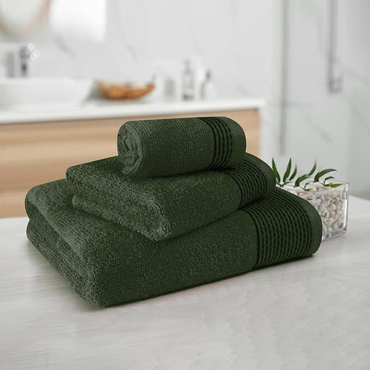 Belizzi Home Ultra Soft 3 Pack Cotton Towel Set, Contains a Bath Towel 28x55 inch, a Hand Towel 16x24 inch & a Wash Coth 12x12 inch, Ideal Everyday use, Compact & Lightweight -Olive Green