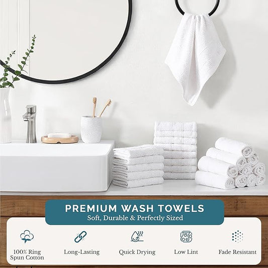 Casa Platino 100% Cotton Washcloths 24 Pack - Spa & Salon Quality Face Towels - Ring Spun, Soft & Absorbent Wash Cloth Rags for Body, Beauty, Home, Gym - Fingertip Towels - 13"x13", White Washcloths
