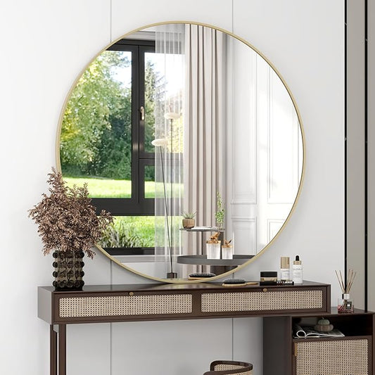 32 Inch Round Bathroom Mirror - Black Wall Mounted Circle Mirror with Metal Frame, Modern Round Hanging Mirror Suitable for Bathroom, Vanity, Entryway, Living Room