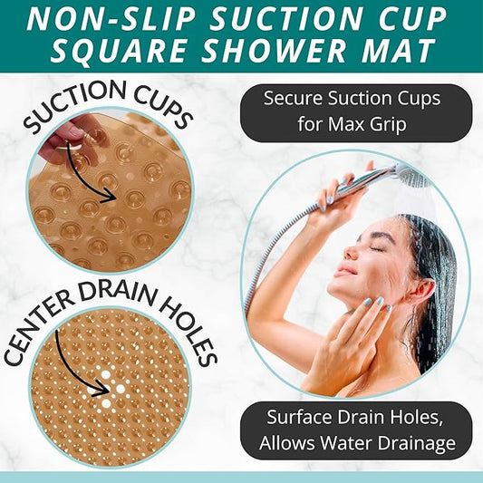 ENKOSI Square Shower Mat – 21 x 21 Inch Non-Slip Bathroom Shower Stall Mat with Suction Cups and Drain Holes – Anti-Slip Bathtub Shower Mats for Inside Shower (21x21 Clear Brown)