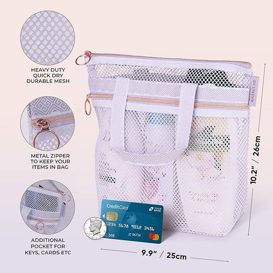 Mesh Shower Bag 10.2x9.9'' Quick-Dry Caddy with Zipper & 2 Pockets. Portable Toiletry Tote for Bathroom, Gym, Travel, Camp, Beach, for Sunscreen, Dorm & College Essentials (Light Gray)
