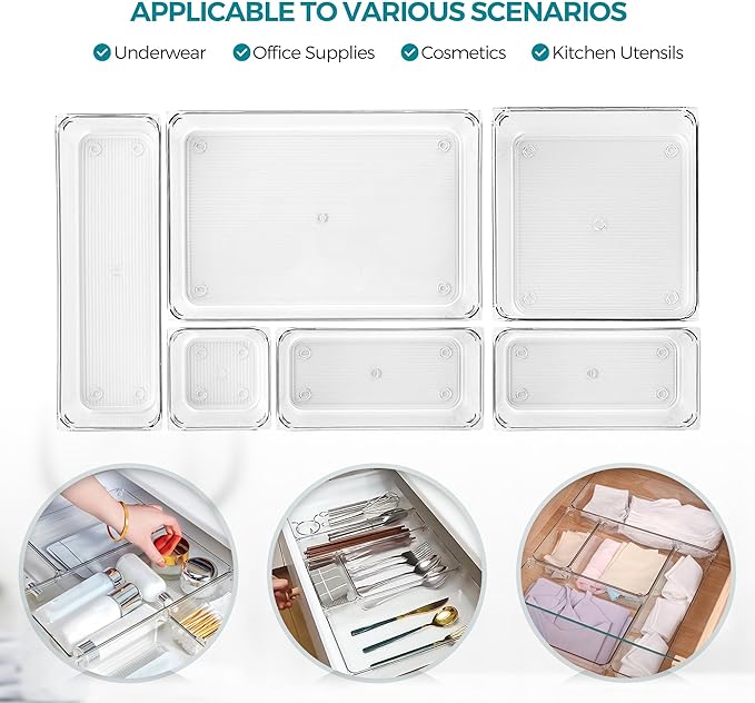 8 Pack Drawer Organizer - 6" X 9" Clear Acrylic Storage Bins with Non-Slip Pads, Versatile Desk Tray for Makeup, Jewelry, Kitchen, Bathroom, and Office Organization