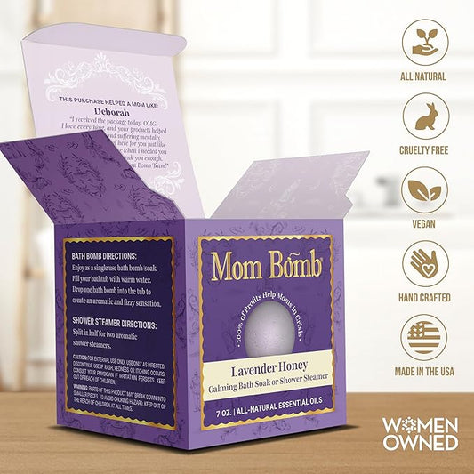 Mom Bomb Lavender Honey Bath Bomb (Shower Steamer) – Essential Oils, Clean Ingredients – Relaxing Aromatherapy Fizz, Skin-Softening – Made in USA - Gift for Women 7 Ounce