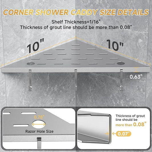 Corner Shower Shelf 10" Silver 304 Stainless Steel Recessed Shelf for Bathroom,Shower Corner Rack with Razor Hole Hook, Grout in Shelf for Tiled Wall, 2 Pack