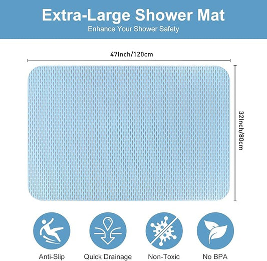 Extra Large Shower Mat: 47"x32" Non Slip Shower Mats for Inside Shower, PVC Anti Slip Shower Stall Mats No Odor, Trimmable Walk in Shower Mats for Elderly Kids