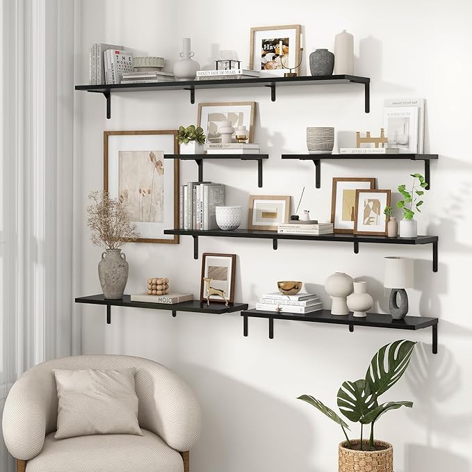 Fun Memories Deep Floating Shelves, 24W x 8D Floating Shelves Set of 2, Wall Mounted Shelf with Metal Brackets, Rustic Wood Wall Shelf for Bathroom, Kitchen and Living Room, Black