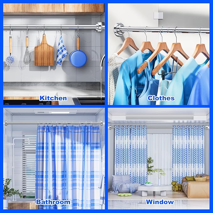 Ausemku Shower Curtain Rod - 32-92 Inch Rustproof Tension Rod, Non-Slip Spring Design, No Drilling Adjustable Curtain Rod for Bathroom, Kitchen, and Closet(Silver)