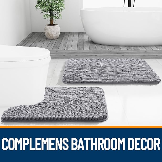 OLANLY Bathroom Rugs Sets 2 Piece, Soft Absorbent Chenille Bath Mats and U-Shaped Contour Toilet Mat Area Rug Set, Machine Washable Bath Carpet, Home Decor Accessories(30"x20"+24"x20", Grey)