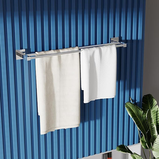 RUACQ Double Towel Bar, 24 Inch Bath Towel Rack for Bathroom, Square Base Hand Towel Holder, 304 Stainless Steel Towel Hanger Wall Mounted,Heavy Duty(Chrome)