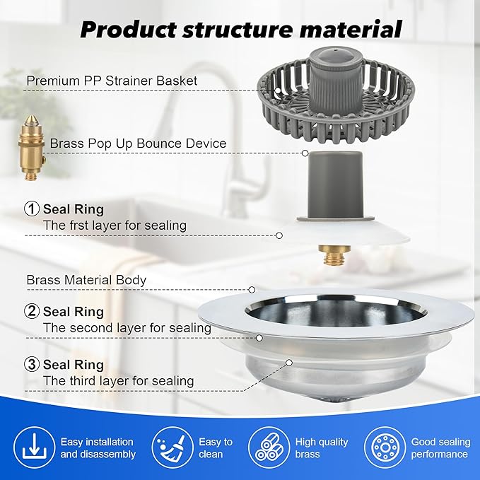 Elegant Brass Kitchen Sink Stopper with 3-in-1 Function - Easy-Clean Bounce core Strainer, Perfect for Standard Sink Drain, Durable Kitchen Sink Drain Strainer(Silver)