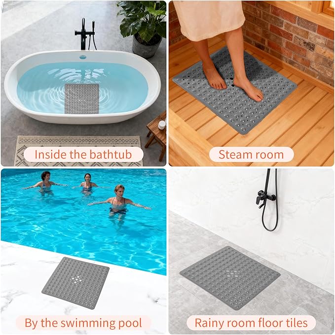Anti-Slip Bathtub Shower mat, 20.8×20.8(Approximately 53×53cm) inch Soft Oversized Machine Washable Non-Slip Bathtub mat with Drainage Holes, Bathroom Floor Suction Cup.(1-Opaque Gray)