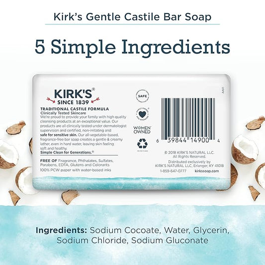 Castile Bar Soap by Kirk’s | Clean Soap for Men, Women & Children | Premium Coconut Oil | Sensitive Skin Formula, Vegan | Fragrance-Free/Unscented | 4 oz. Bars - 4 Pack