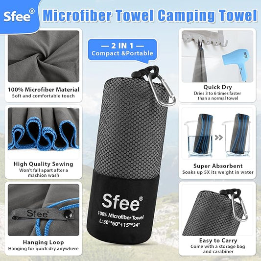 Sfee 2 Pack Microfiber Travel Towel, Quick Dry Camping Towel Large Beach Towel Super Absorbent Compact Lightweight Sports Gym Towels Set for Gym, Hiking, Pool, Backpacking,Bath,Yoga