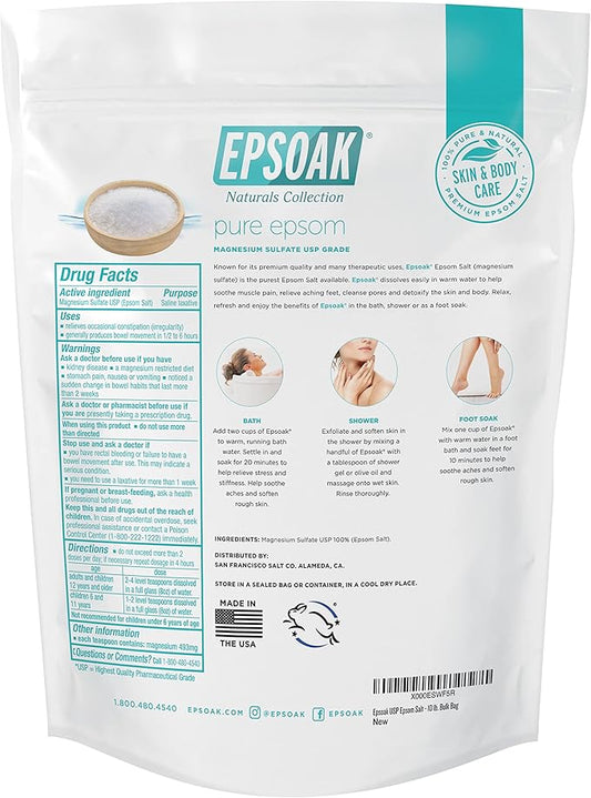 Epsoak Epsom Salt 10 lb. Magnesium Sulfate USP. (Qty. 1 x 10lb. Bags) Resealable Epsom Salt Bulk Bags Unscented, Made in The USA, Cruelty-Free Certified