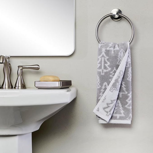 SKL Home Christmas/Winter Mod Tree 100% Cotton Premium 2-Piece Hand Towel Set, 450 GSM, Reversible Jacquard, Soft & Absorbent, Decorative for Bath/Kitchen/Bar, Gray