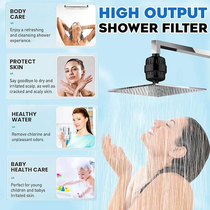 Shower Head Filter for Hard Water | 20-Stage High Output Shower Filter | Removes Chlorine and Fluoride to Help Reduce Dry Skin, Dandruff, and Hair Damage-Black