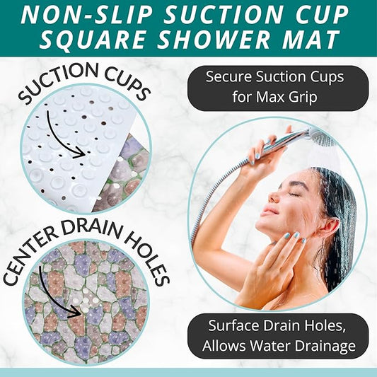ENKOSI Square Shower Mat 21x21 inch - Anti Slip Shower Stall Floor Mat - Non Slip Shower Mats with Strong Secure Suction Cups and Drain Holes in Middle (21x21 Stone Path)