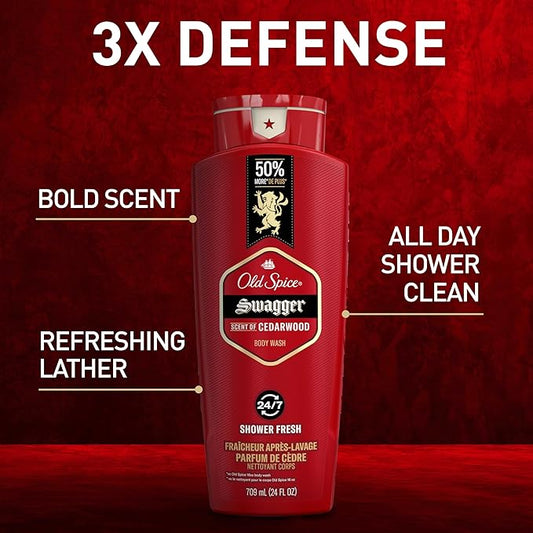 Old Spice Refreshing Body Wash for Men, 3X Defense, 24/7 Shower Fresh with Long Lasting Scent, Red Collection, Swagger with Cedarwood Scent, 24 oz (Pack of 4)