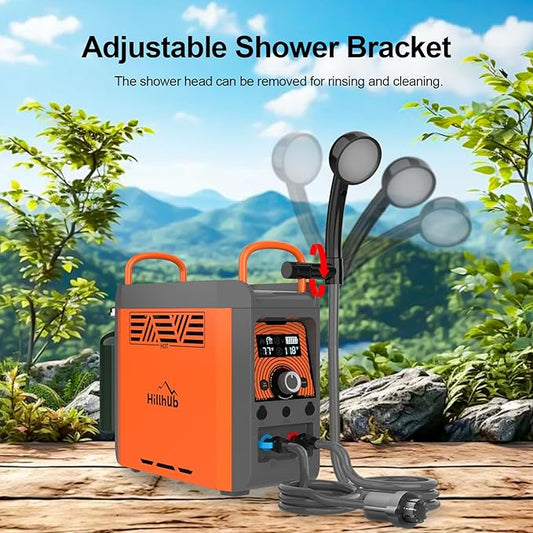 Hillhub Camping Portable Instant Hot Water Heater On Ground, Propane Water Heater with Water Pump & Showerhead, Outdoor Use Only with Overheating Protection, Built-in Battery for Showering & Cleaning