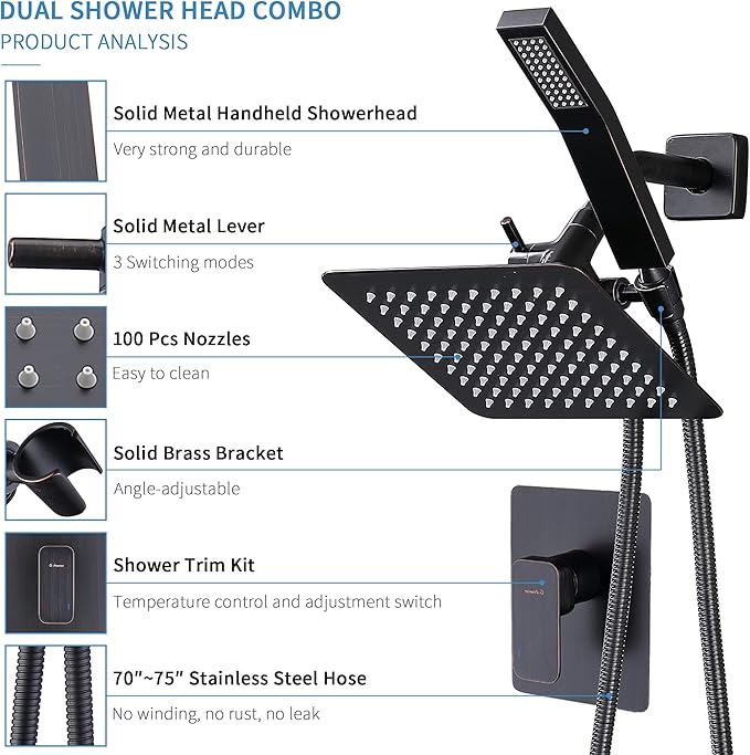 All Metal Shower Faucet Set, Dual Square Shower Head System with Handheld Wand, Diverter, Hose Complete Combo, Pressure Balance Rough-in Valve Included (Oil Rubbed Bronze)