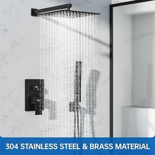 10 Inch Luxury Rain Shower Faucet Set, Matte Black Shower System with Rainfall Shower Head and Handheld Spray, SUS304 Stainless Steel and Solid Brass Wall Mounted Shower Valve Trim Kit