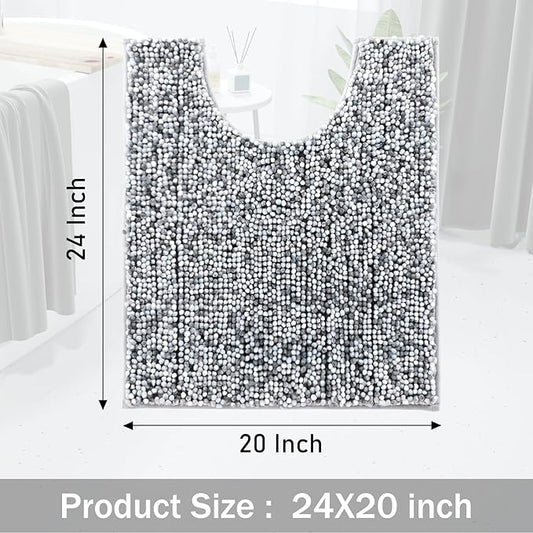Yimobra Luxury Chenille U-Shaped Toilet Rug, Super Soft Shaggy Contour Bath Mat for Bathroom Floor, Fluffy, Water Absorbent, Non Slip, Machine Washable, Dry Quickly, 24''x 20'', Light Grey & Dark Grey