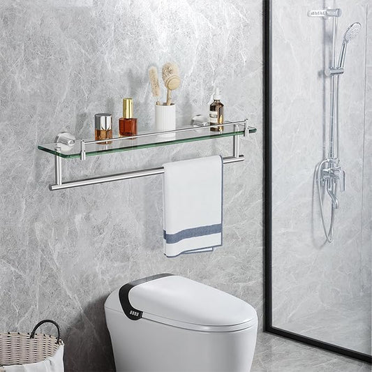 20-Inch Tempered Glass Bathroom Shelf with Towel Bar - Brushed Nickel & Stainless Steel, Wall Mount Rustproof Tower Holder with Shelves