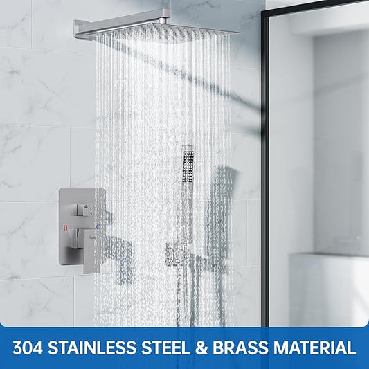 12 Inch Luxury Rain Shower Faucet Set, Brushed Nickel Shower System with Rainfall Shower Head and Handheld Spray, SUS304 Stainless Steel and Solid Brass Wall Mounted Shower Valve Trim Kit