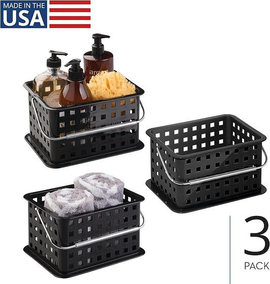 iDesign Stackable Shower Basket with Handle for Dorm or Bathroom - Set of 3 - Black - Made in USA