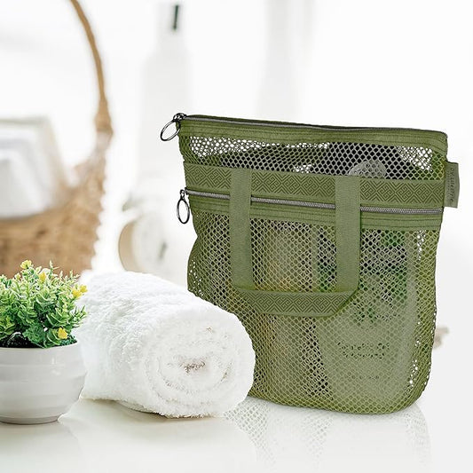 Mesh Shower Bag 10.2x9.9'' Quick-Dry Caddy with Zipper & 2 Pockets. Portable Toiletry Tote for Bathroom, Gym, Travel, Camp, Beach, for Sunscreen, Dorm & College Essentials (Olive Green)
