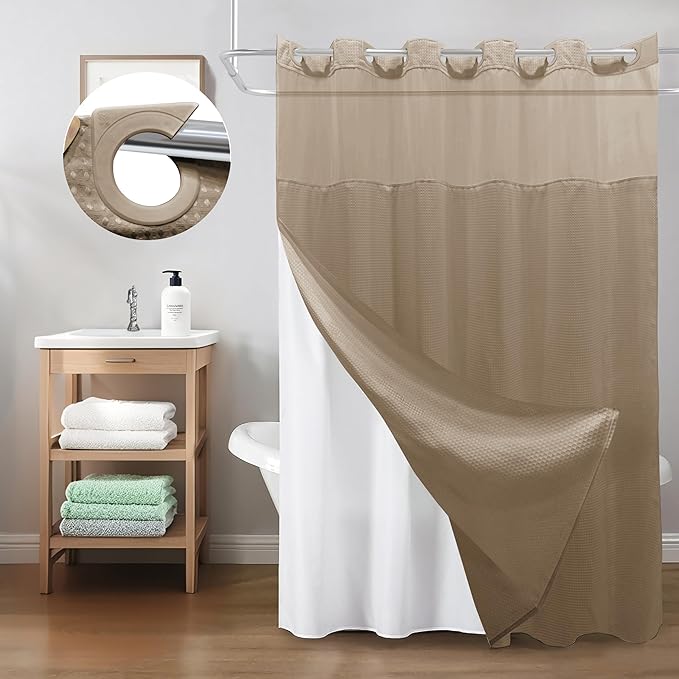 Inhousolu No Hook Shower Curtain with Snap in Fabric Liner Set Waffle Weave 230GSM Weighted Hem, Waterproof & Washable Bathroom Curtain Spa Luxury with Mesh Top Window 72" W x 72" L Beige
