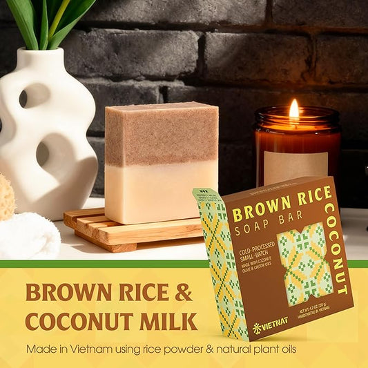 Brown Rice & Coconut Soap Bar (Pack of 3) – 2-in-1 Exfoliating & Nourishing, Cold Process Handmade Soap with Rice Bran & Coconut Milk, Gentle Daily Body Bar
