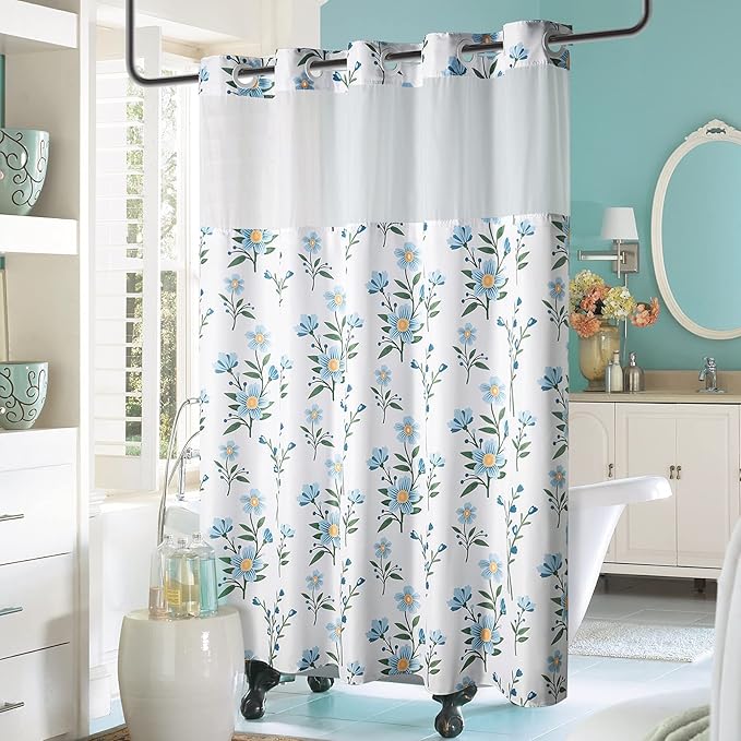 Lagute SnapHook Floral Shower Curtain with Snap-in Liner for Bathroom| No Hook Needed| Mesh Top Window| Machine Washable| Hotel Grade| 71Wx74L,Blue Bouquet