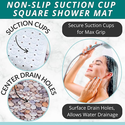 ENKOSI Square Shower Mat 21x21 inch - Anti Slip Shower Stall Floor Mat - Non Slip Shower Mats with Strong Secure Suction Cups and Drain Holes in Middle (21x21 Pebble Stone)