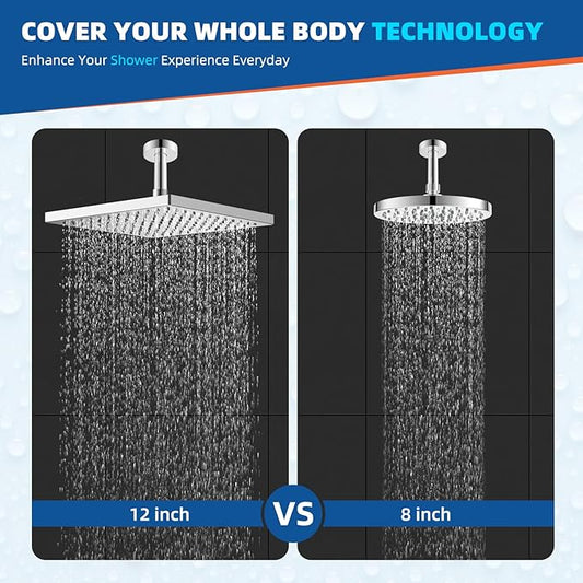 Hibbent Thickness Metal Rain Shower Head, 12 Inch High Pressure Shower Heads, Square Large Bathroom Rainfall Shower Head with Adjustable Brass Ball Joint, Waterfall Full Body Coverage, Chrome