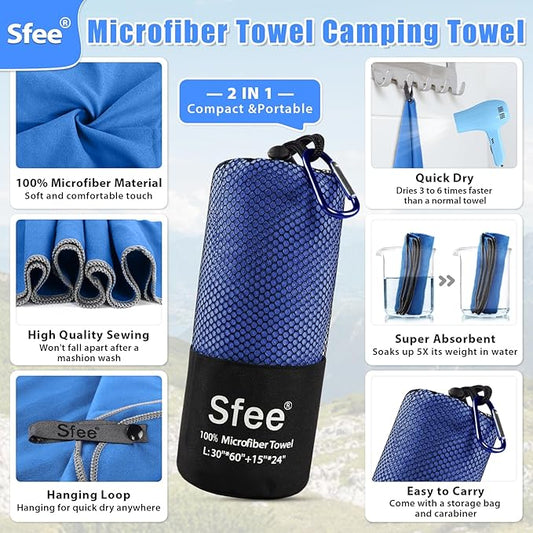 Sfee 2 Pack Microfiber Travel Towel, Quick Dry Beach CampingTowel Super Absorbent Compact Lightweight Sport Gym Towels for Beach, Gym, Hiking, Pool, Backpacking, Bath, Yoga