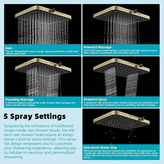 Hibbent 5 Spray Modes Shower Head, 13'' High Pressure Rain Shower Head, Large Rainfall Showerhead for Bathroom, High Flow Waterfall Fixed Showerheads with Adjustable Swivel Ball Joint, Brushed Gold