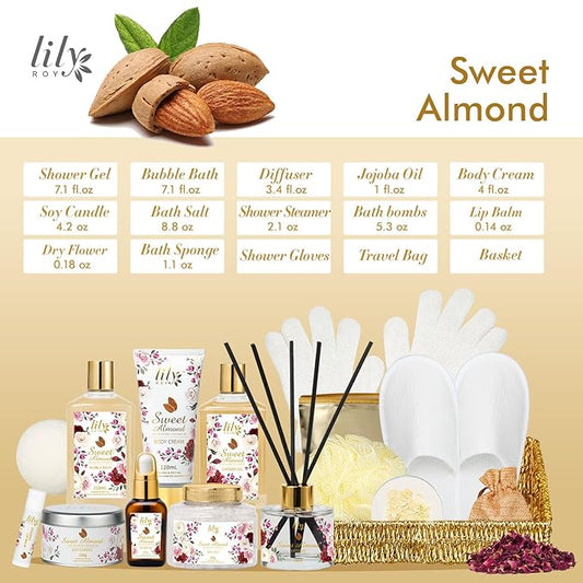 Christmas Spa Gift Basket Set for Women 17-Piece Almond Luxury Spa Gift Set Bath & Body Care Kit with Shower Gel, Body Cream | Valentine's, Mothers Day Gifts for Mom, Birthday Gifts for Her, Wife, Mom